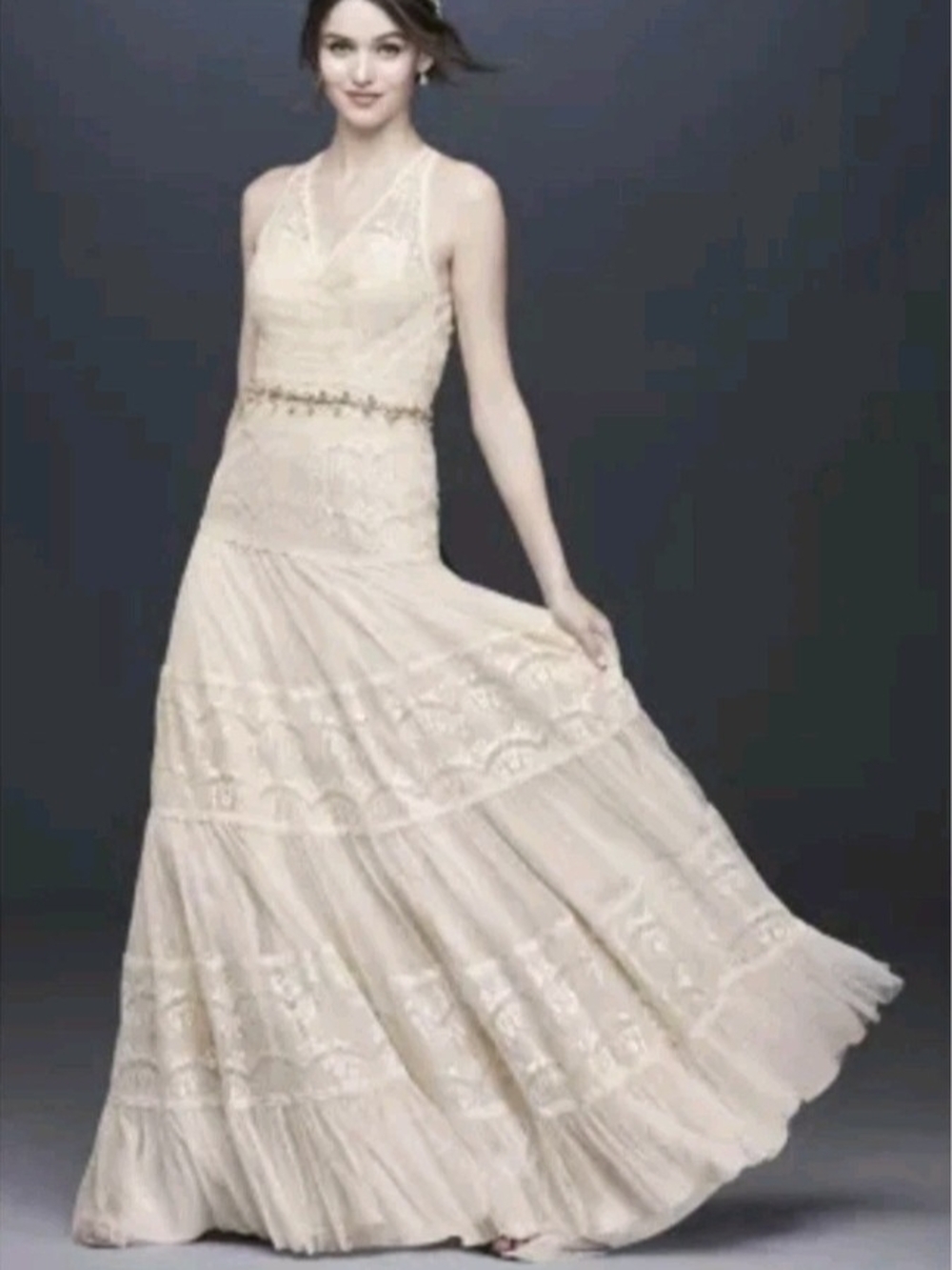 David's Bridal Boho Cream Lace Halter Tiered Maxi Gown Size 14 Nwt
